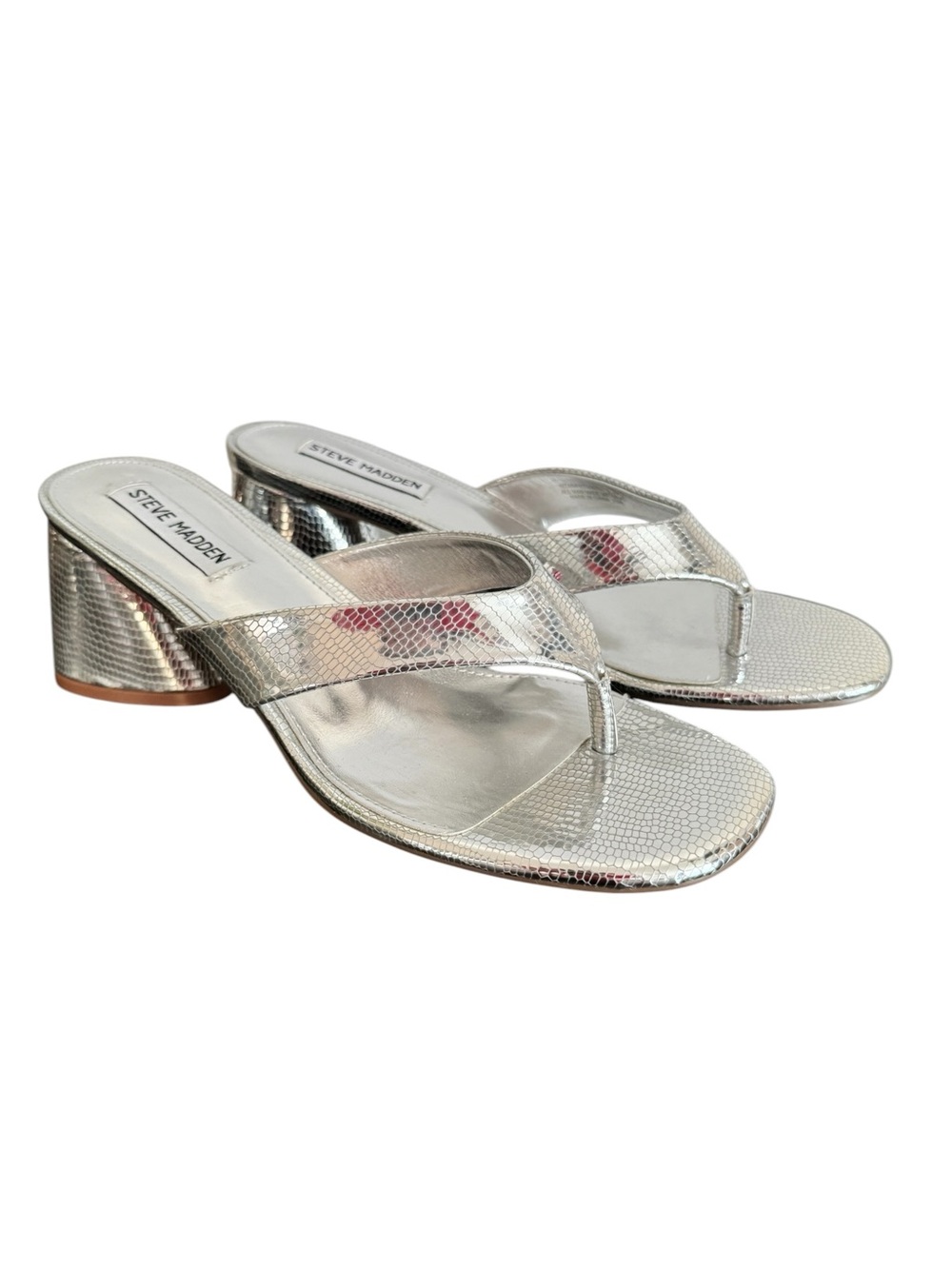 Steve Madden Silver Metallic Snakeskin Thong Heels